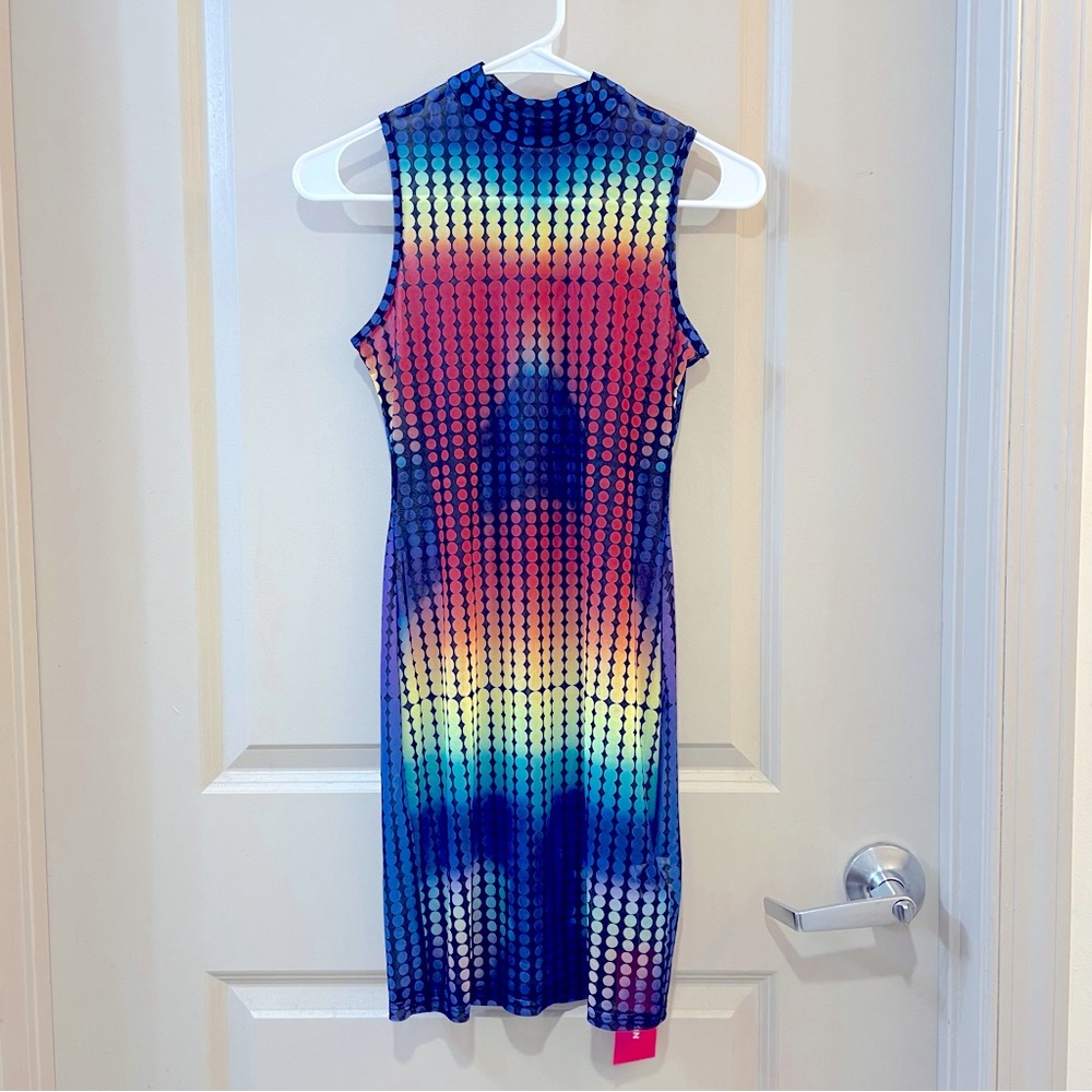 blue red sleeveless bodycon sheer mini dress